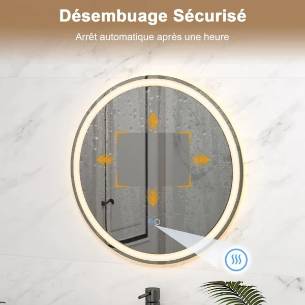 Miroir Rond Mural Dia.60 cm avec Lumières à Intensité Variable à 3 Couleurs Interrupteur Tactile Fonction Antibuée et Mémoire Sans Cadre