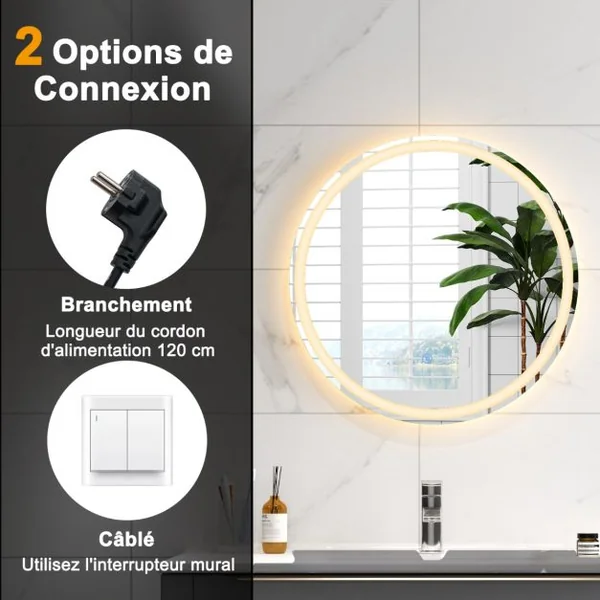 Miroir Rond Mural Dia.60 cm avec Lumières à Intensité Variable à 3 Couleurs Interrupteur Tactile Fonction Antibuée et Mémoire Sans Cadre