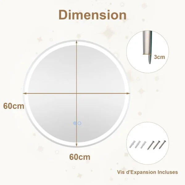 Miroir Rond Mural Dia.60 cm avec Lumières à Intensité Variable à 3 Couleurs Interrupteur Tactile Fonction Antibuée et Mémoire Sans Cadre