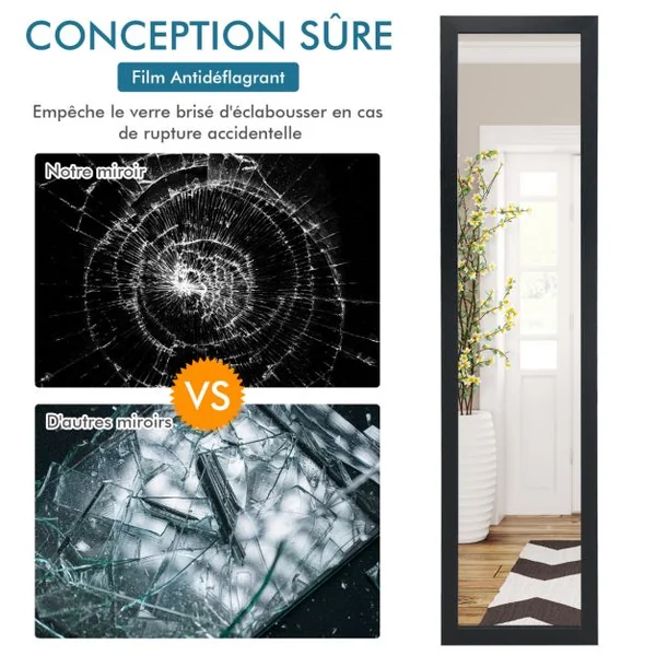 Miroir sur Pied Psyché Miroir Autoportant Rectangulaire 155 x 37 cm Style Scandinave Moderne Blanc/Naturel/Noir