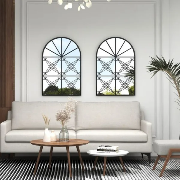 Miroir à Fenêtre Arquée 58 x 87 cm Miroir Décoratif Mural avec Cadre en Métal Miroir de Décoration à Fenêtre Suspendue Noir