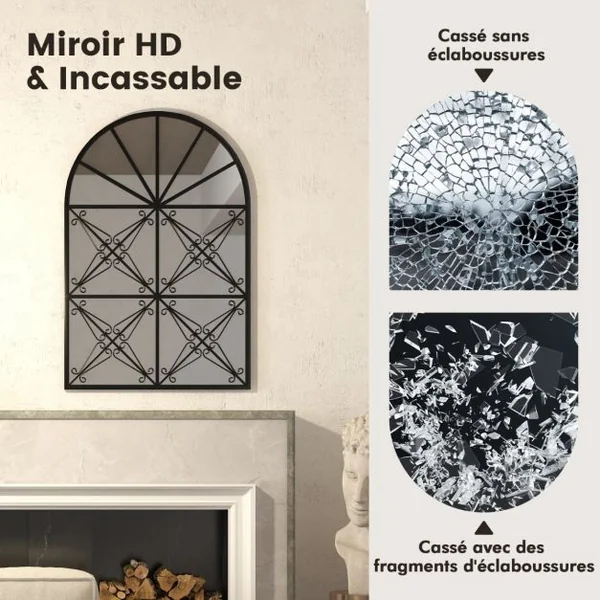 Miroir à Fenêtre Arquée 58 x 87 cm Miroir Décoratif Mural avec Cadre en Métal Miroir de Décoration à Fenêtre Suspendue Noir