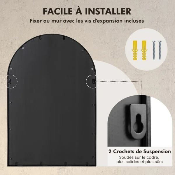 Miroir à Fenêtre Arquée 58 x 87 cm Miroir Décoratif Mural avec Cadre en Métal Miroir de Décoration à Fenêtre Suspendue Noir