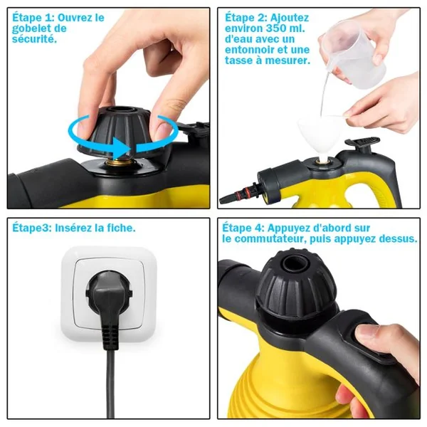 Nettoyeur Vapeur à Main Portable 900-1050 W Réservoir 350 ML 9 Accessoires Température Vapeur : 135°-167°, 27x13,5x21cm