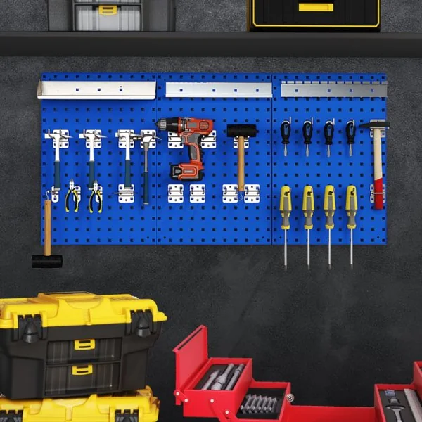 Organiseur Mural en Panneau Perforé Kit de Rangement d'Outils en Métal avec 3 Panneaux Perforés 28 Accessoires de Suspension Bleu Marine
