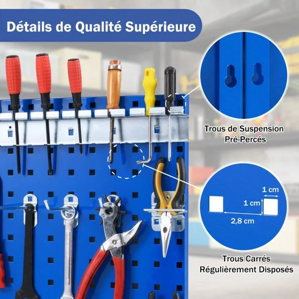Organiseur Mural en Panneau Perforé Kit de Rangement d'Outils en Métal avec 3 Panneaux Perforés 28 Accessoires de Suspension Bleu Marine