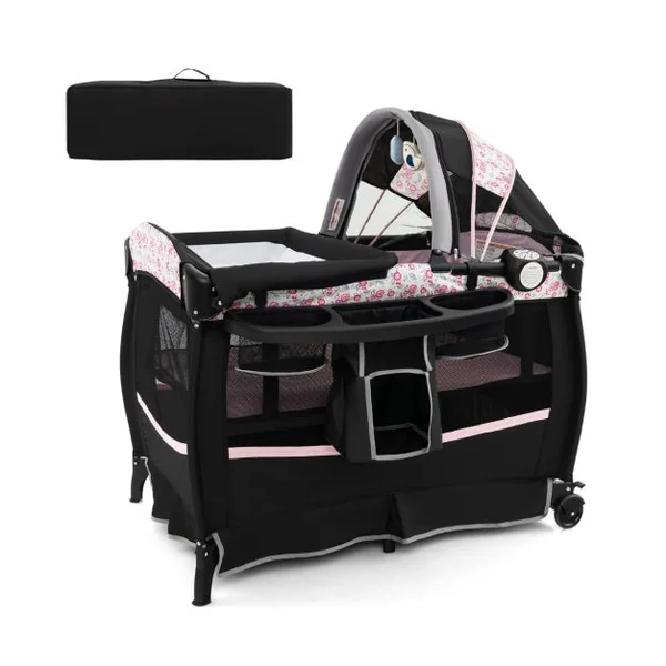 Pack and Play Portable 4 en 1 Centre de Nurserie pour Bébé avec Berceau Matelas Table à Langer Boîte à Musique Toit Réglable Gris/Rose/Noir/Multicoloré