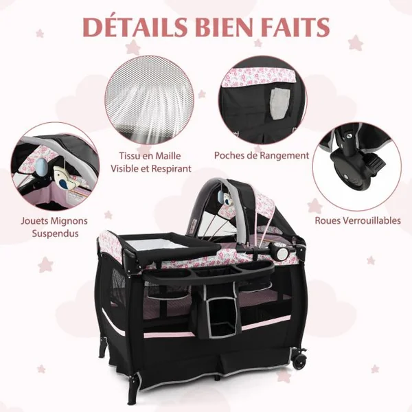 Pack and Play Portable 4 en 1 Centre de Nurserie pour Bébé avec Berceau Matelas Table à Langer Boîte à Musique Toit Réglable Gris/Rose/Noir/Multicoloré