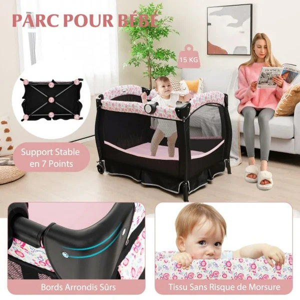 Pack and Play Portable 4 en 1 Centre de Nurserie pour Bébé avec Berceau Matelas Table à Langer Boîte à Musique Toit Réglable Gris/Rose/Noir/Multicoloré