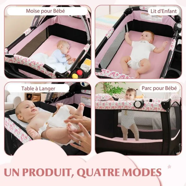Pack and Play Portable 4 en 1 Centre de Nurserie pour Bébé avec Berceau Matelas Table à Langer Boîte à Musique Toit Réglable Gris/Rose/Noir/Multicoloré