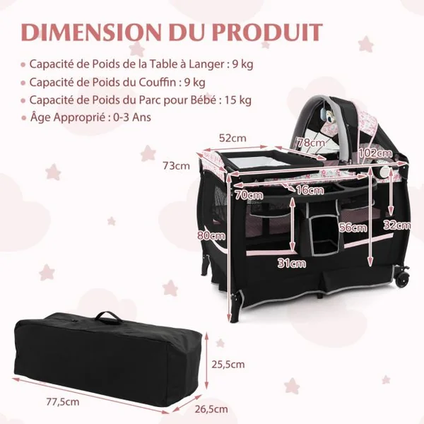 Pack and Play Portable 4 en 1 Centre de Nurserie pour Bébé avec Berceau Matelas Table à Langer Boîte à Musique Toit Réglable Gris/Rose/Noir/Multicoloré