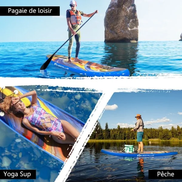 Paddle Gonflable 320x76x15CM en PVC avec Pagaie Alliage Aluminium Réglable Aileron Amovible Pompe Manuel 120KG MAX Bleu