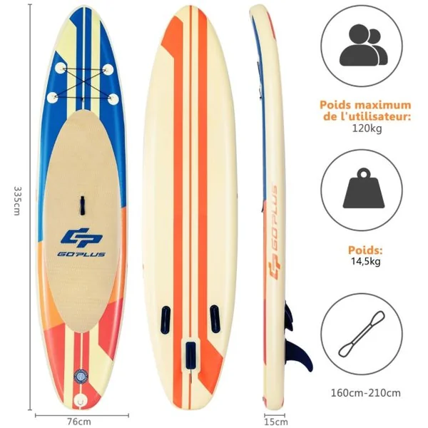 Paddle Gonflable 320x76x15CM en PVC avec Pagaie Alliage Aluminium Réglable Aileron Amovible Pompe Manuel 120KG MAX Marron