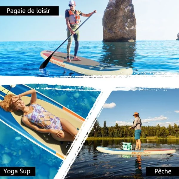 Paddle Gonflable 320x76x15CM en PVC avec Pagaie Alliage Aluminium Réglable Aileron Amovible Pompe Manuel 120KG MAX Marron