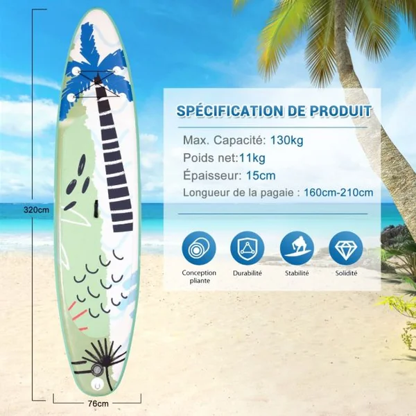 Paddle Gonflable 320x76x15CM en PVC avec Pagaie Alliage Aluminium Réglable Aileron Amovible Pompe Manuel 130KG MAX Vert