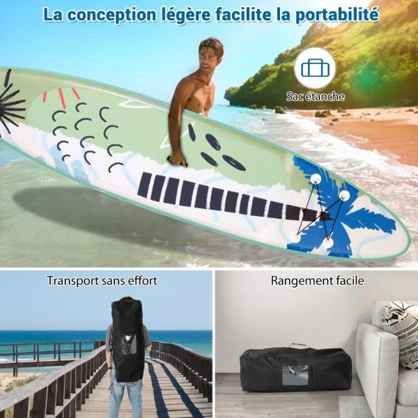 Paddle Gonflable 320x76x15CM en PVC avec Pagaie Alliage Aluminium Réglable Aileron Amovible Pompe Manuel 130KG MAX Vert