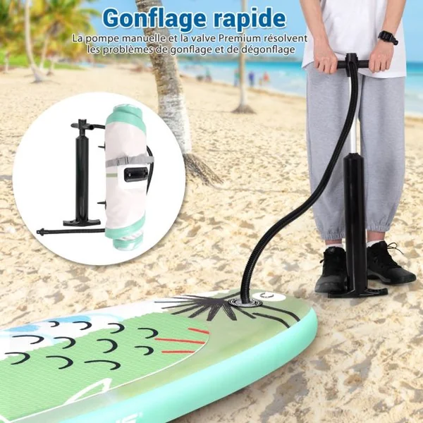 Paddle Gonflable 320x76x15CM en PVC avec Pagaie Alliage Aluminium Réglable Aileron Amovible Pompe Manuel 130KG MAX Vert