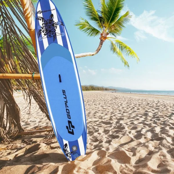 Paddle Gonflable 335x76x15CM en PVC avec Pagaie Alliage Aluminium Réglable Aileron Amovible Pompe Manuel 120KG MAX Bleu+Blanc