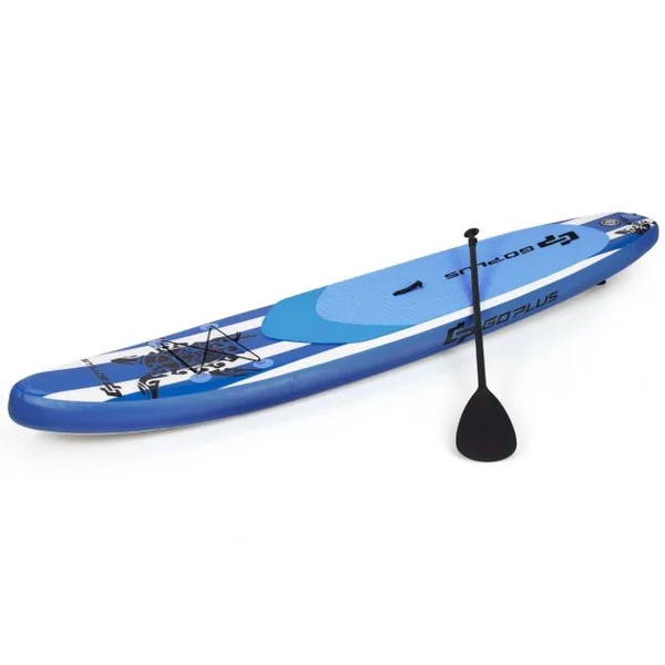 Paddle Gonflable 335x76x15CM en PVC avec Pagaie Alliage Aluminium Réglable Aileron Amovible Pompe Manuel 120KG MAX Bleu+Blanc