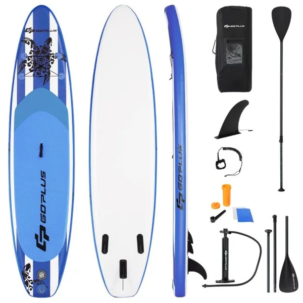 Paddle Gonflable 335x76x15CM en PVC avec Pagaie Alliage Aluminium Réglable Aileron Amovible Pompe Manuel 120KG MAX Bleu+Blanc