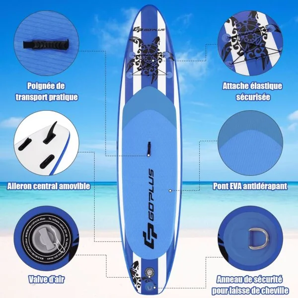 Paddle Gonflable 335x76x15CM en PVC avec Pagaie Alliage Aluminium Réglable Aileron Amovible Pompe Manuel 120KG MAX Bleu+Blanc