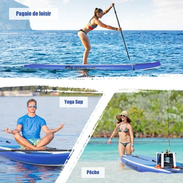 Paddle Gonflable 335x76x15CM en PVC avec Pagaie Alliage Aluminium Réglable Aileron Amovible Pompe Manuel 120KG MAX Bleu+Blanc