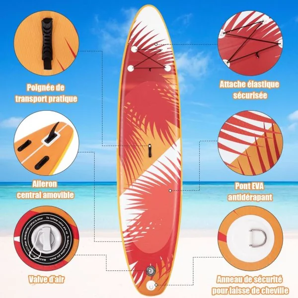 Paddle Gonflable 335x76x15CM en PVC avec Pagaie Alliage Aluminium Réglable Aileron Amovible Pompe Manuel 130KG MAX Orange