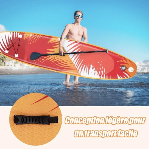 Paddle Gonflable 335x76x15CM en PVC avec Pagaie Alliage Aluminium Réglable Aileron Amovible Pompe Manuel 130KG MAX Orange