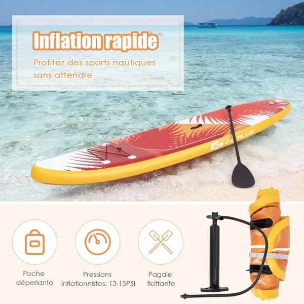 Paddle Gonflable 335x76x15CM en PVC avec Pagaie Alliage Aluminium Réglable Aileron Amovible Pompe Manuel 130KG MAX Orange