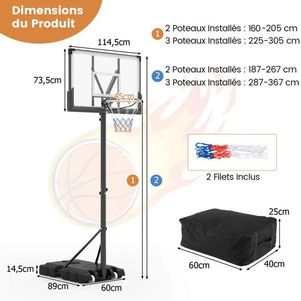 Panier de Basket-Ball Hauteur Réglable 125-305cm Support de Basketball Mobile avec Panneau Arrière Incassable Base Remplissable et Roues