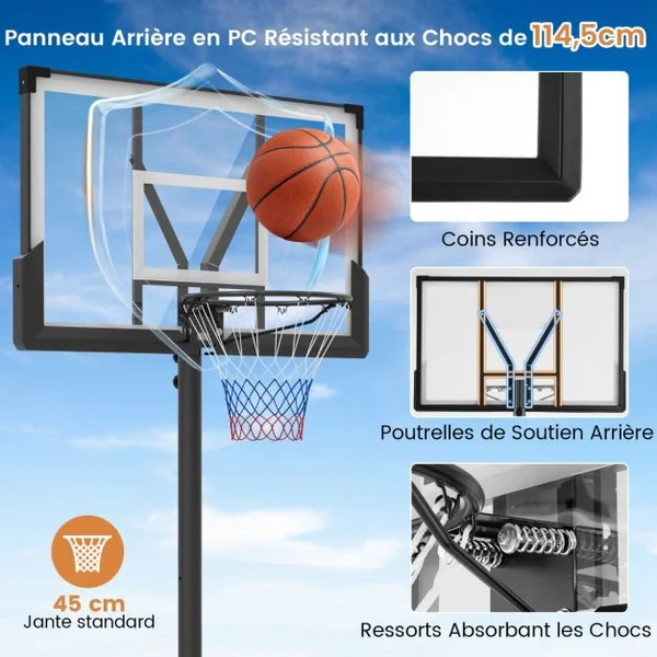 Panier de Basket-Ball Hauteur Réglable 125-305cm Support de Basketball Mobile avec Panneau Arrière Incassable Base Remplissable et Roues