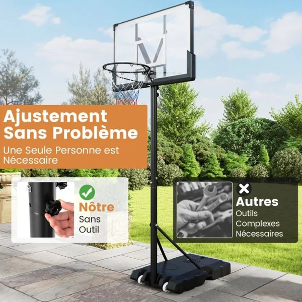 Panier de Basket-Ball Hauteur Réglable 125-305cm Support de Basketball Mobile avec Panneau Arrière Incassable Base Remplissable et Roues