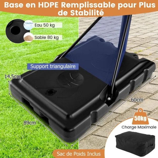 Panier de Basket-Ball Hauteur Réglable 125-305cm Support de Basketball Mobile avec Panneau Arrière Incassable Base Remplissable et Roues