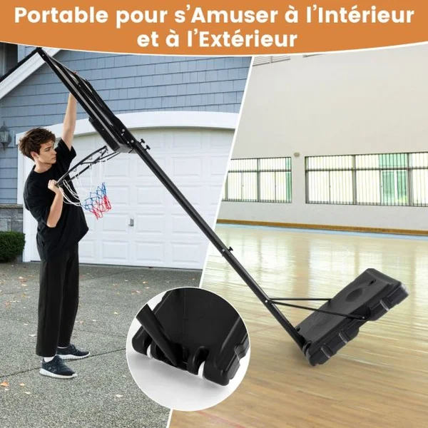 Panier de Basket-Ball Hauteur Réglable 125-305cm Support de Basketball Mobile avec Panneau Arrière Incassable Base Remplissable et Roues
