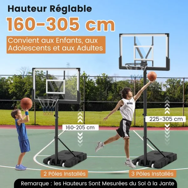 Panier de Basket-Ball Hauteur Réglable 125-305cm Support de Basketball Mobile avec Panneau Arrière Incassable Base Remplissable et Roues
