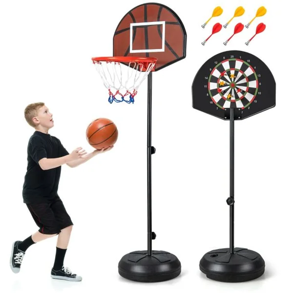 Panier de Basket-Ball Hauteur Réglable 130-180cm avec Cible de Fléchettes Panneau Arrière Double Face 6 Fléchettes Base Remplissable