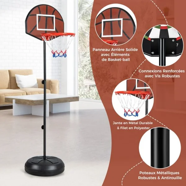 Panier de Basket-Ball Hauteur Réglable 130-180cm avec Cible de Fléchettes Panneau Arrière Double Face 6 Fléchettes Base Remplissable