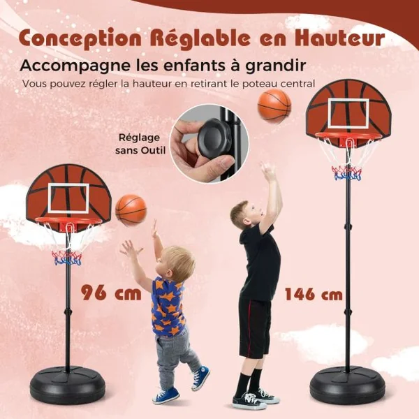 Panier de Basket-Ball Hauteur Réglable 130-180cm avec Cible de Fléchettes Panneau Arrière Double Face 6 Fléchettes Base Remplissable