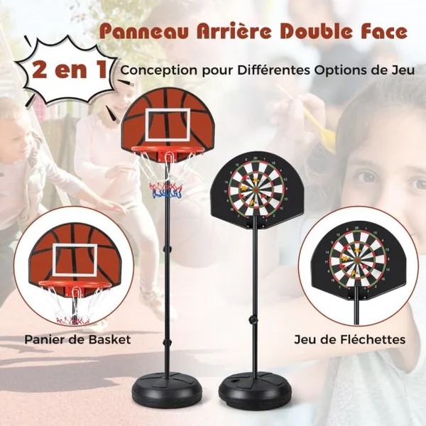 Panier de Basket-Ball Hauteur Réglable 130-180cm avec Cible de Fléchettes Panneau Arrière Double Face 6 Fléchettes Base Remplissable