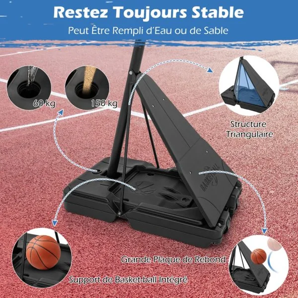 Panier de Basketball sur Pieds avec Hauteur Réglable 150-305 CM Support de Basket à Roulettes avec Panneau Arrière Incassable de 112cm en PC