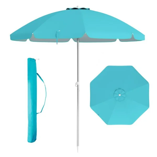 Parasol de Plage de 198 cm avec Bouton Poussoir Inclinable Ancrage pour Sable Sac de Transport Abri Solaire Coupe-Vent Bleu