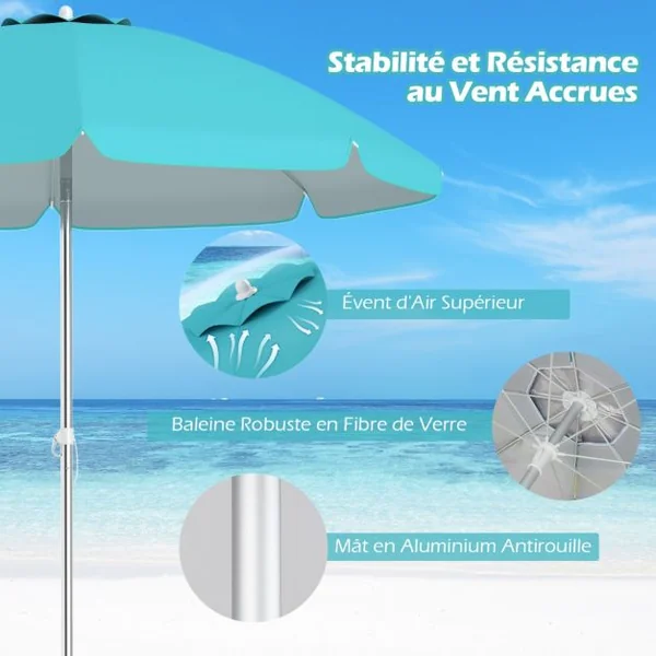 Parasol de Plage de 198 cm avec Bouton Poussoir Inclinable Ancrage pour Sable Sac de Transport Abri Solaire Coupe-Vent Bleu