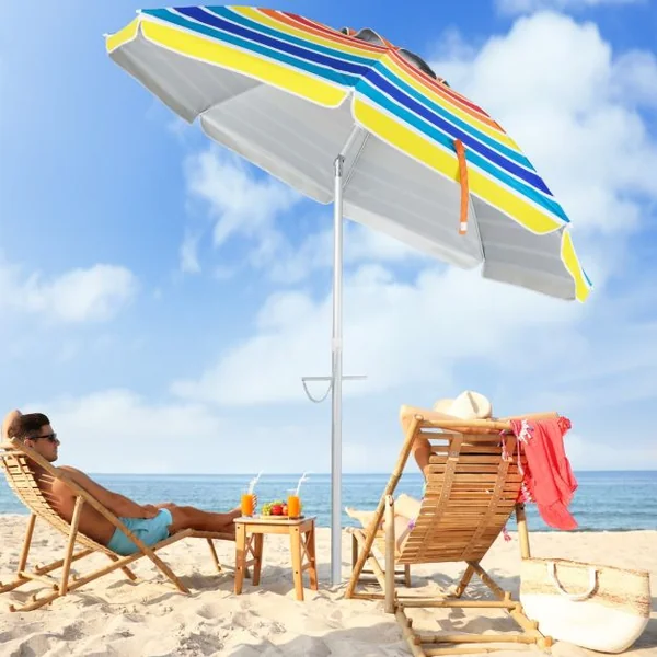 Parasol de Plage de 198 cm avec Bouton Poussoir Inclinable Ancrage pour Sable Sac de Transport Abri Solaire Coupe-Vent Coloré