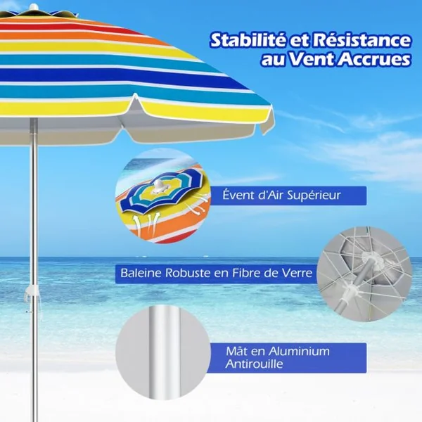 Parasol de Plage de 198 cm avec Bouton Poussoir Inclinable Ancrage pour Sable Sac de Transport Abri Solaire Coupe-Vent Coloré