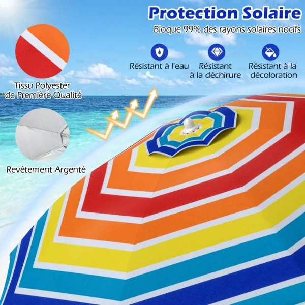Parasol de Plage de 198 cm avec Bouton Poussoir Inclinable Ancrage pour Sable Sac de Transport Abri Solaire Coupe-Vent Coloré