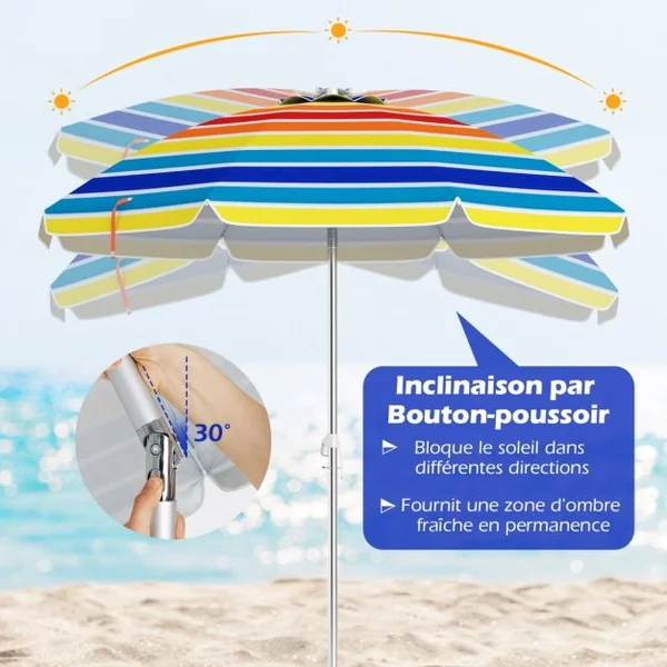 Parasol de Plage de 198 cm avec Bouton Poussoir Inclinable Ancrage pour Sable Sac de Transport Abri Solaire Coupe-Vent Coloré