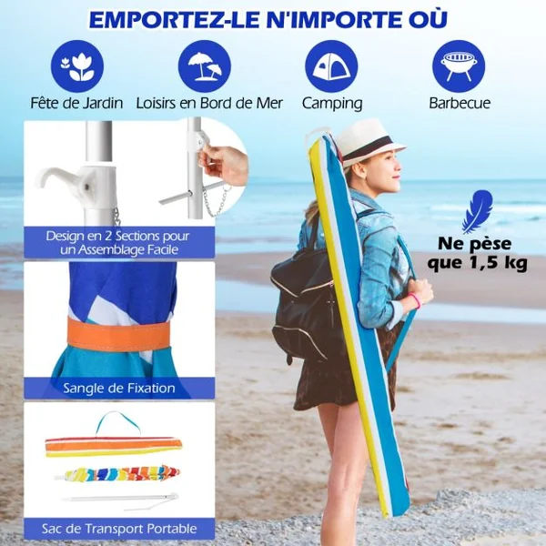 Parasol de Plage de 198 cm avec Bouton Poussoir Inclinable Ancrage pour Sable Sac de Transport Abri Solaire Coupe-Vent Coloré