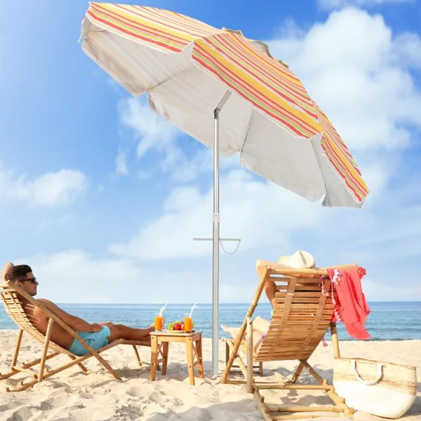 Parasol de Plage de 198 cm avec Bouton Poussoir Inclinable Ancrage pour Sable Sac de Transport Abri Solaire Coupe-Vent Jaune