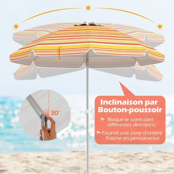 Parasol de Plage de 198 cm avec Bouton Poussoir Inclinable Ancrage pour Sable Sac de Transport Abri Solaire Coupe-Vent Jaune