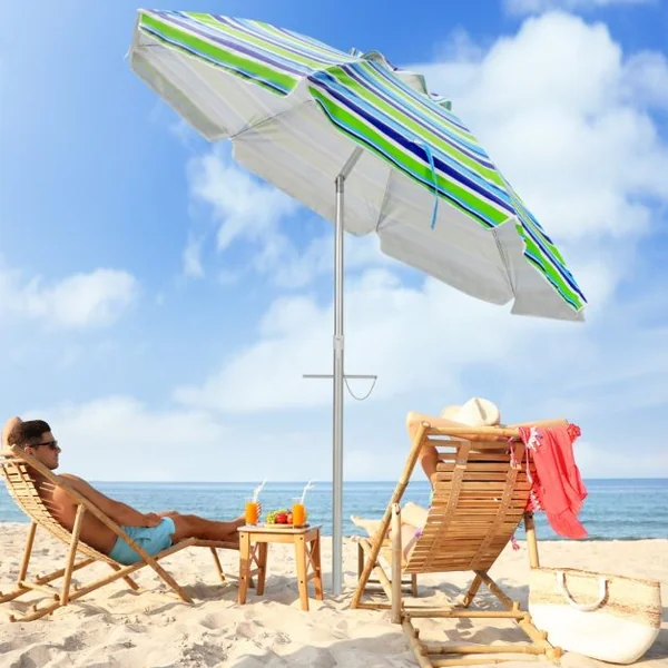 Parasol de Plage de 198 cm avec Bouton Poussoir Inclinable Ancrage pour Sable Sac de Transport Abri Solaire Coupe-Vent Vert